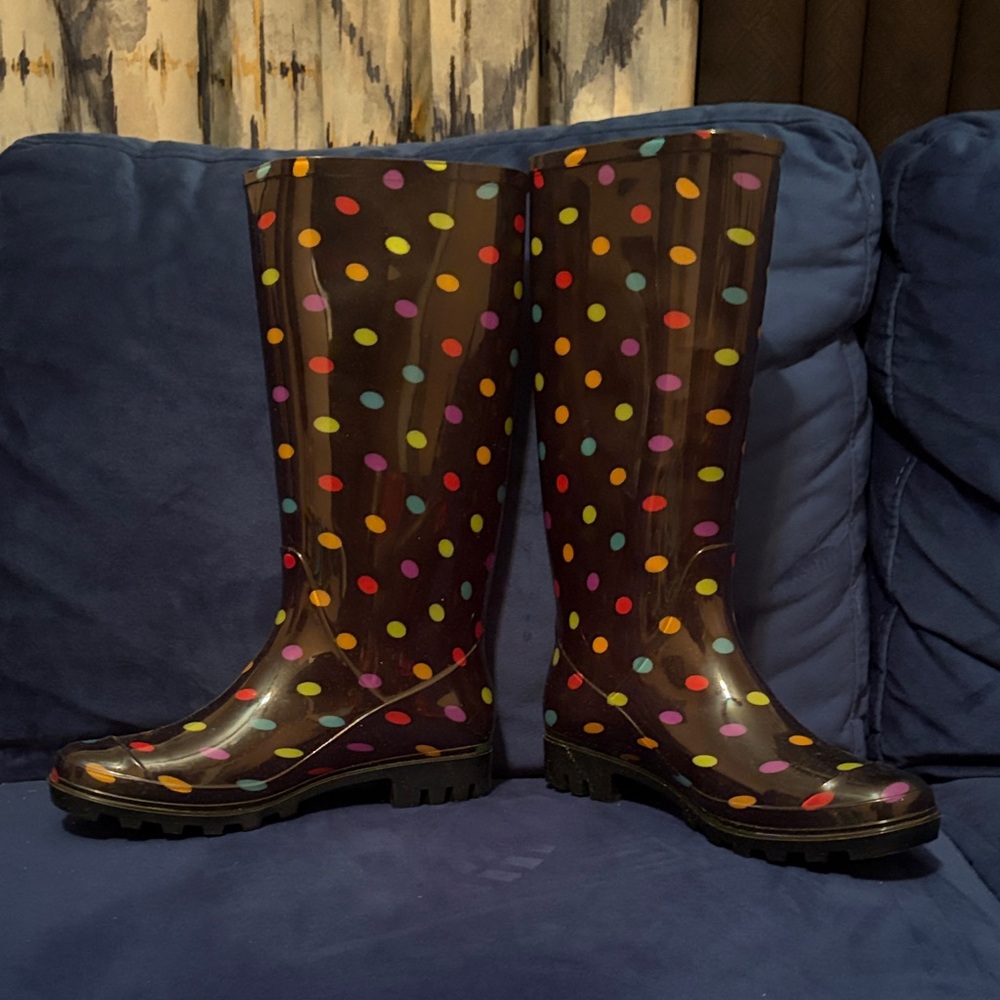 Arizona Jean Company Black Rain Boots with Colorful Polka Dots